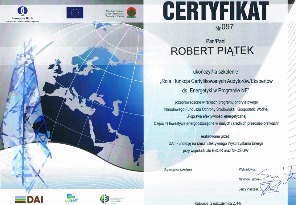 Robert Piątek - certyfikowany audytor energetyczny PolSEFF2